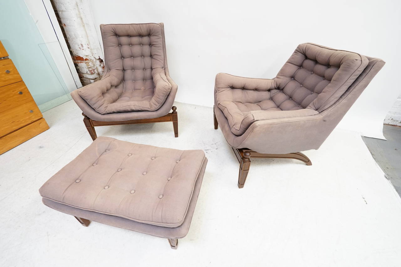 Mid-Century Modern Pair of Adrian Pearsall Tufted Lounge Chairs with Ottoman