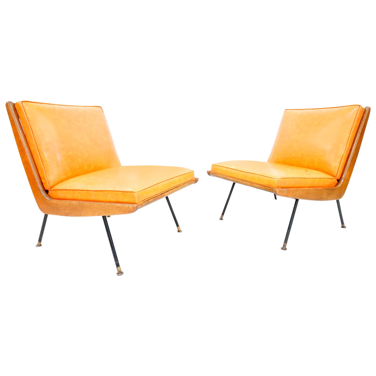 Rare Pair of California Modern Boomerang Chairs with Iron Legs
