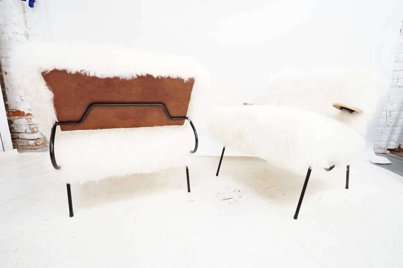 Contemporary California Modern Iron and Walnut Lounge Chairs in Mongolian Lamb For Sale