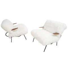 California Modern Iron and Walnut Lounge Chairs in Mongolian Lamb