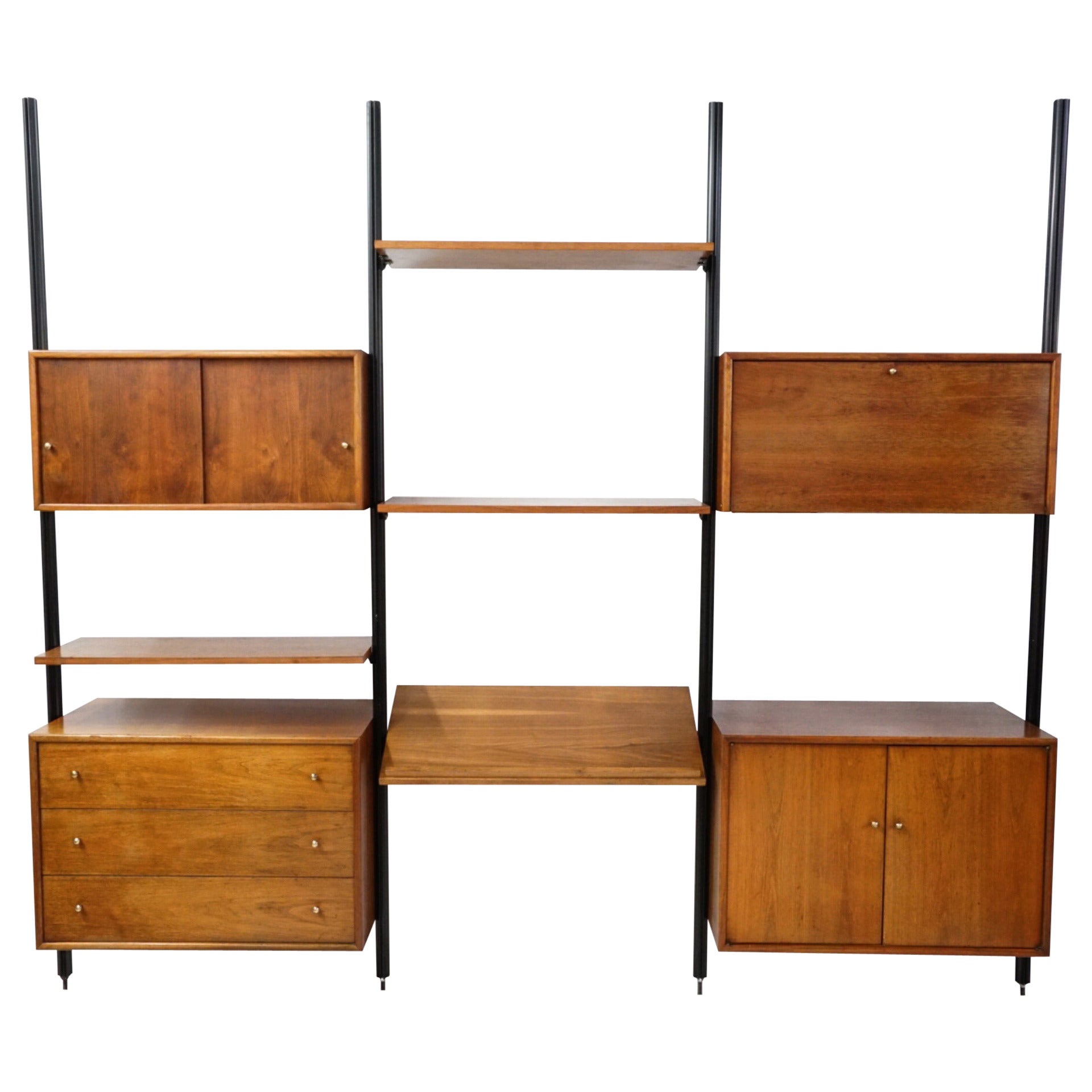 California Modern Walnut and Brass Suspension Room Divider or Wall Unit For Sale