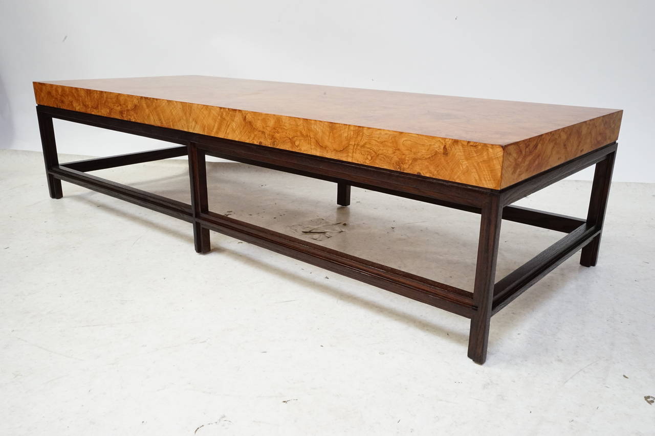 Stunning Milo Baughman burl wood with dark stained oak cocktail table, newly refinished to perfection, circa 1960s.
