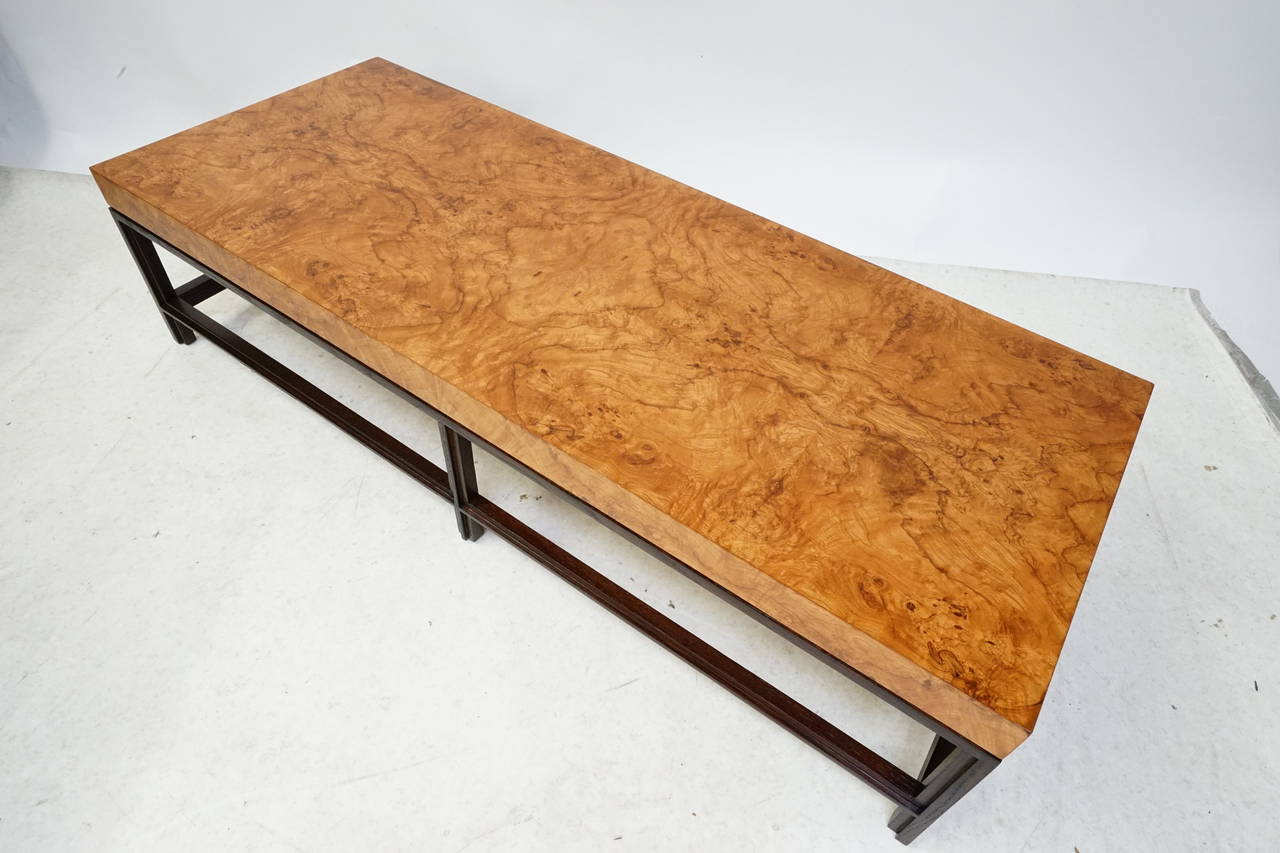 Mid-Century Modern Milo Baughman Olive Burl Wood and Dark Oak Cocktail Table For Sale