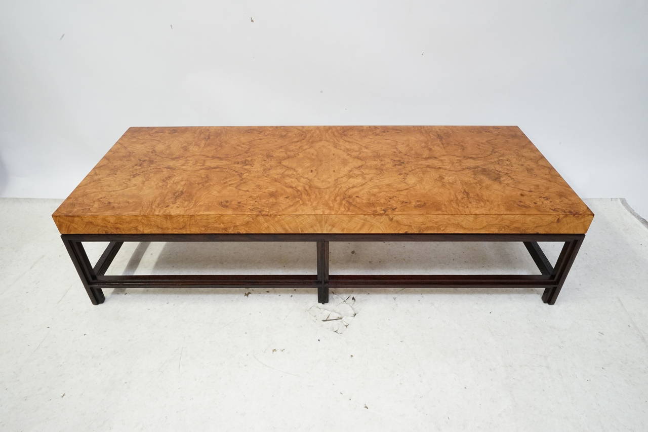 American Milo Baughman Olive Burl Wood and Dark Oak Cocktail Table For Sale