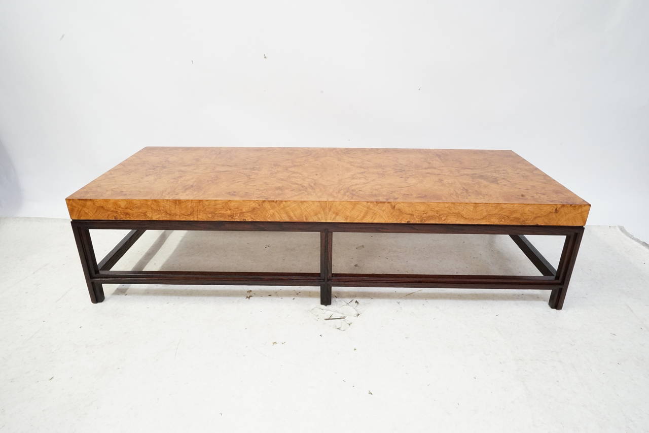 Milo Baughman Olive Burl Wood and Dark Oak Cocktail Table In Excellent Condition For Sale In Los Angeles, CA