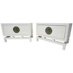 Frank Kyle White Lacquer Bedside Cabinets with Pepe Mendoza Pulls