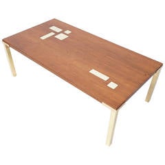 Mid-Century Modern Walnut and Brass Coffee Table with Brass Inlay
