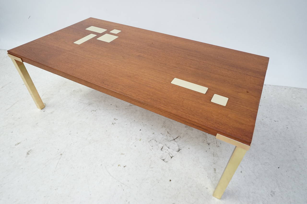 Mid-Century Modern Walnut and Brass Coffee Table with Brass Inlay