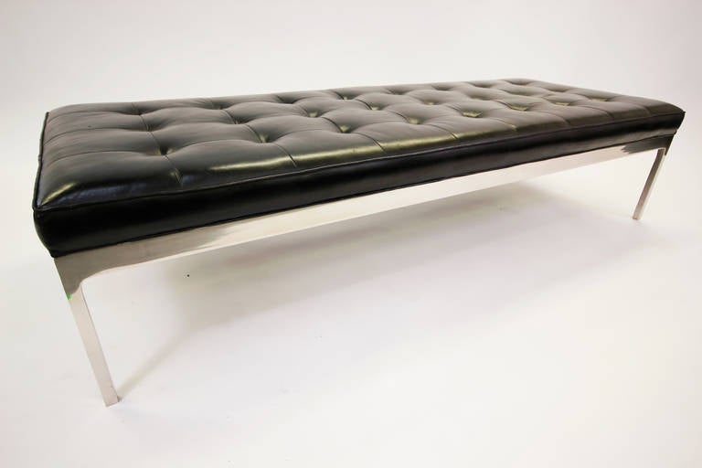 Greek Black Tufted Leather and Polished Stainless Steel Bench by Nicos Zographos For Sale