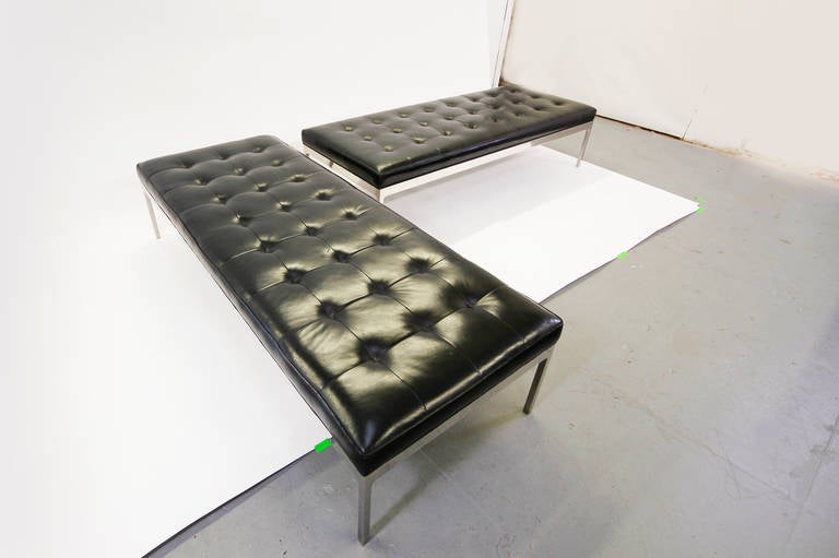 Mid-20th Century Black Tufted Leather and Polished Stainless Steel Bench by Nicos Zographos For Sale