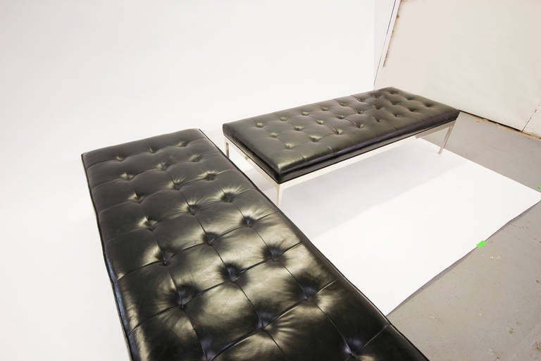 Black Tufted Leather and Polished Stainless Steel Bench by Nicos Zographos For Sale 2
