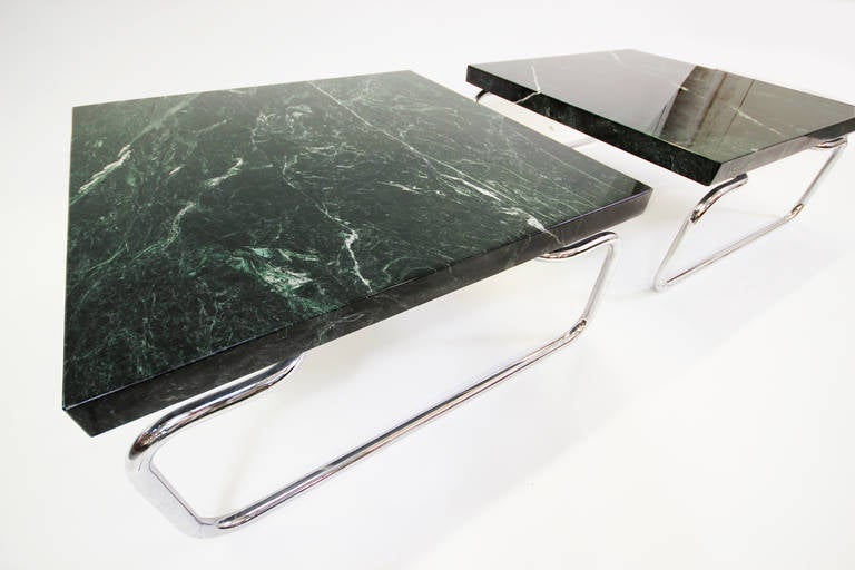 Rare Nicos Zographos Green Marble and Chrome Cocktail Tables In Excellent Condition In Los Angeles, CA