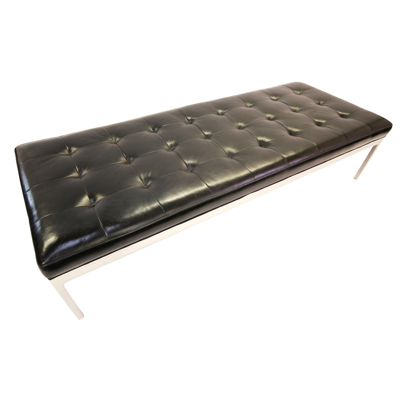 Black Tufted Leather and Polished Stainless Steel Bench by Nicos Zographos For Sale