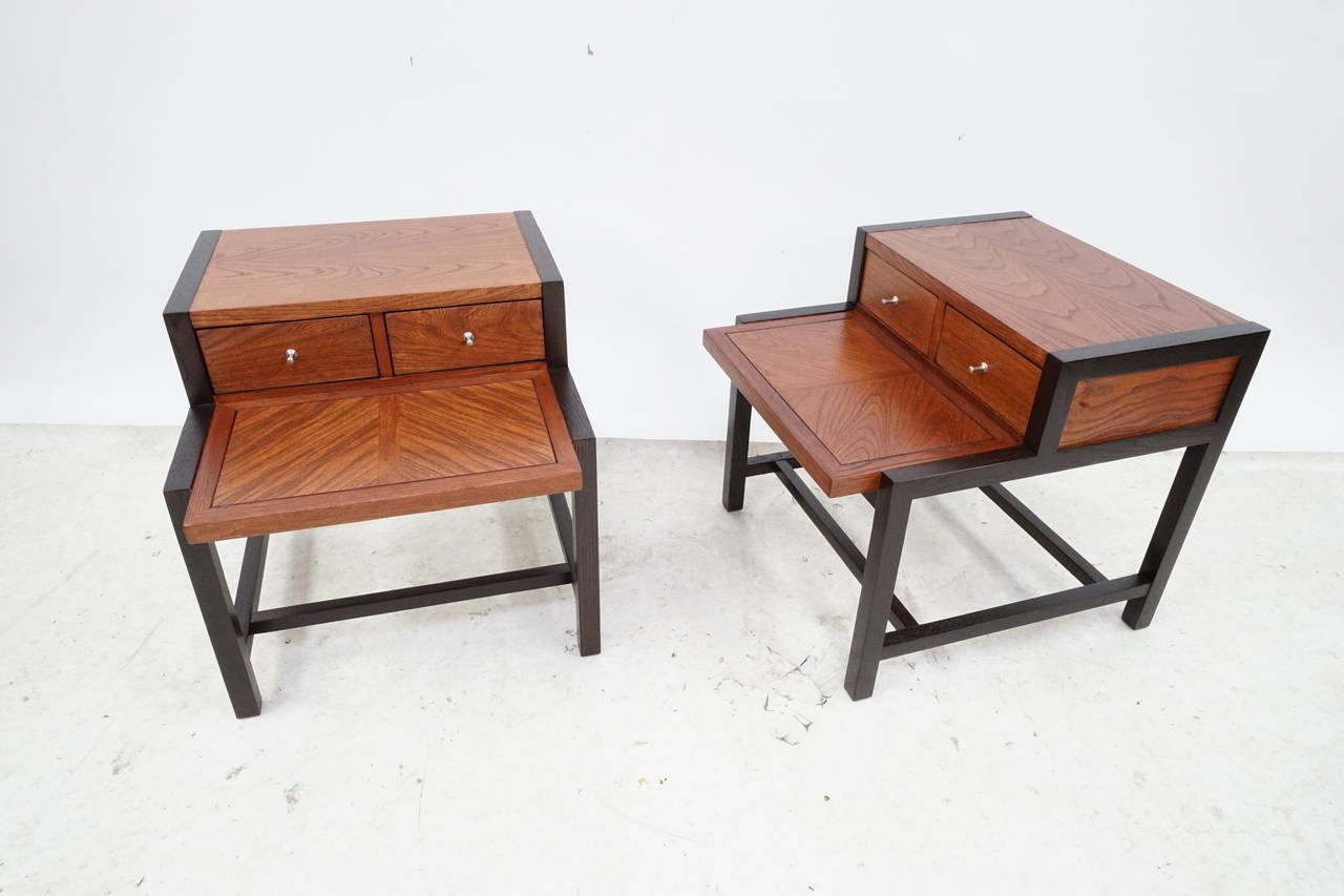 Absolutely gorgeous Mid-Century Modern side table or bedside tables newly refinished to perfection, Made by America of Martinsville, circa 1960s.