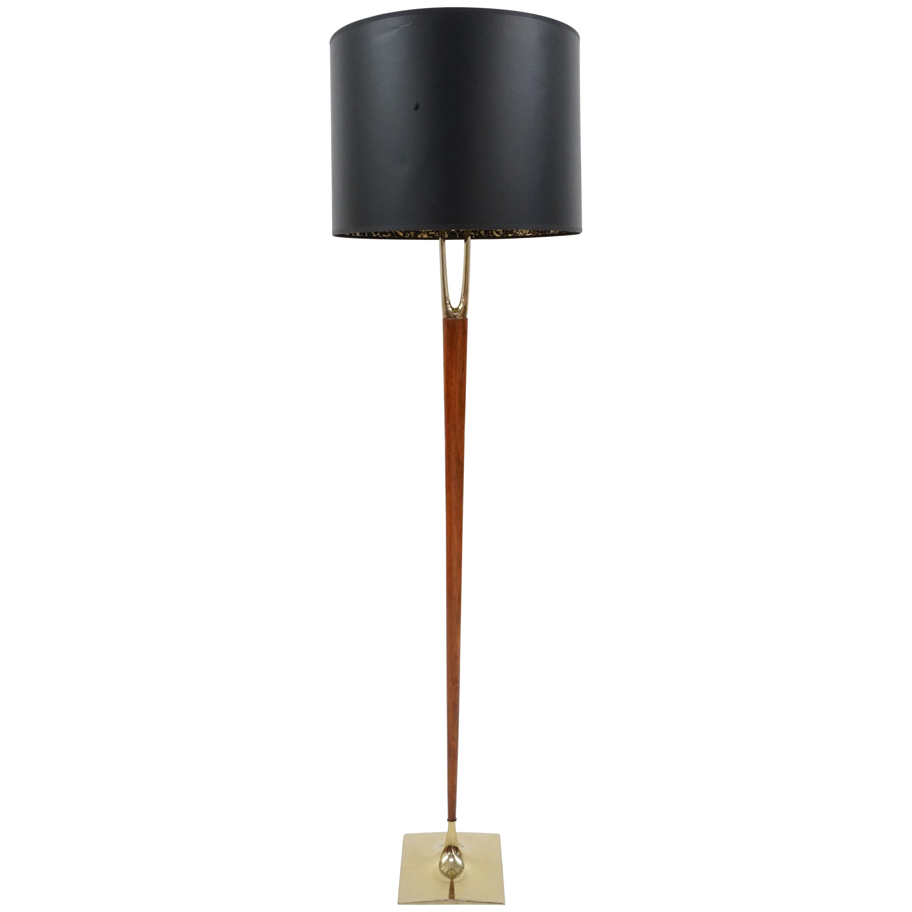 Architectural Walnut and Brass Floor Lamp by Laurel For Sale