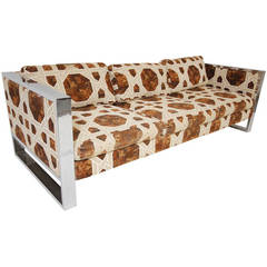 Milo Baughman Chrome Flat Bar Sofa with Original Printed Fabric