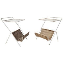 Rare Pair of Mathieu Matégot Iron and Rattan Magazine Tables