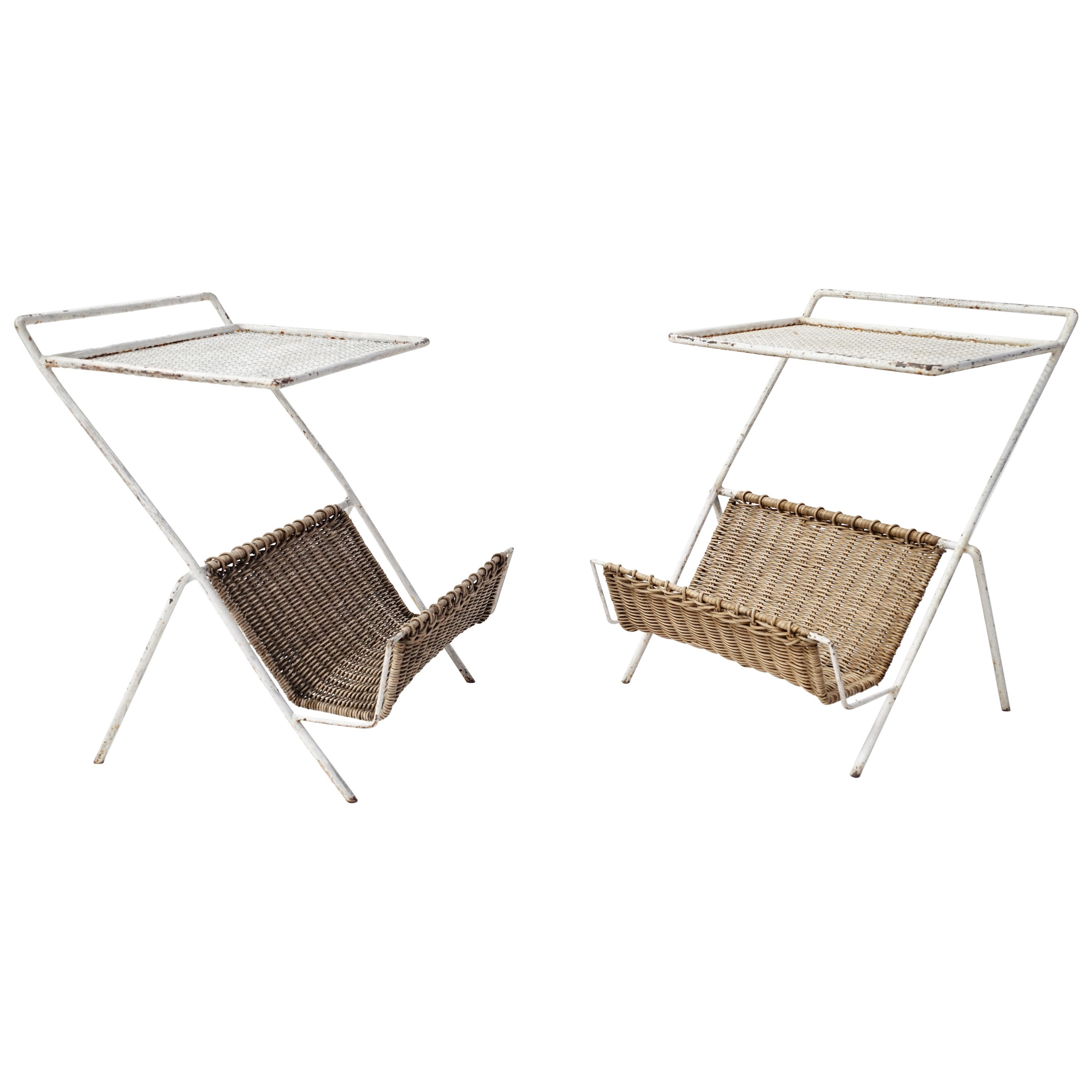 Rare Pair of Mathieu Matégot Iron and Rattan Magazine Tables For Sale