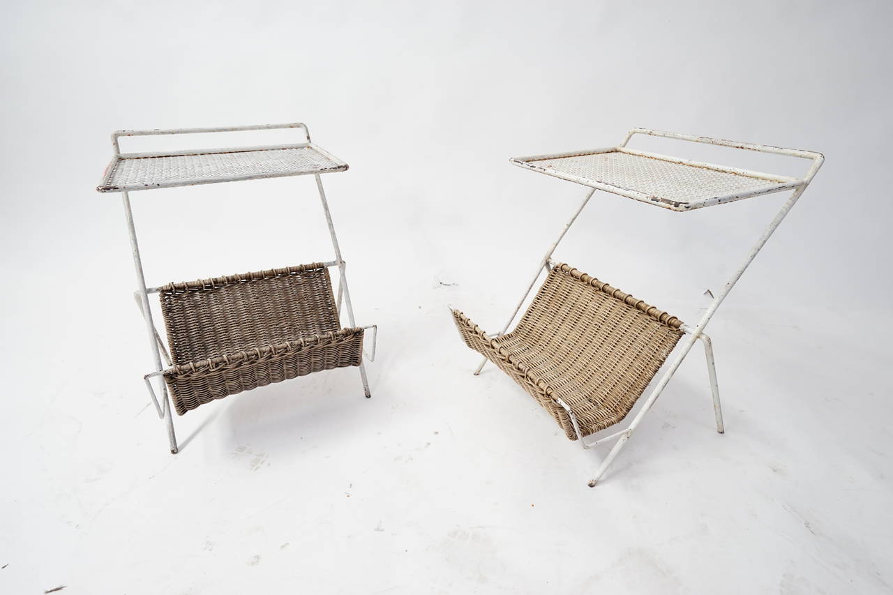 Mid-Century Modern Rare Pair of Mathieu Matégot Iron and Rattan Magazine Tables For Sale