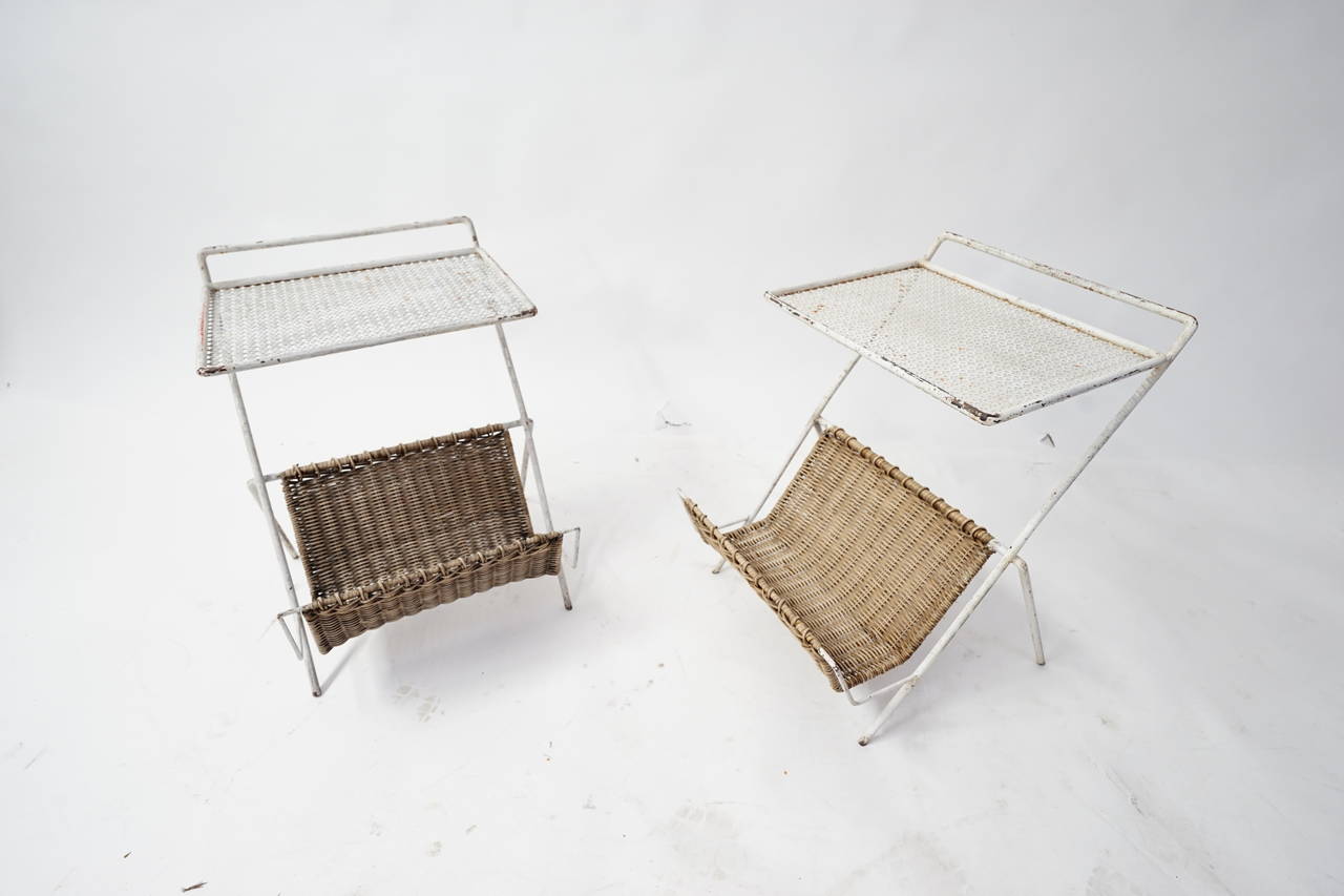 Early Mathieu Mategot Perforated Sheet Metal and Rattan Magazine Tables with Painted Architectural Iron Frames, Amazing Patina, Designed by Mathieu Mategot, circa 1953
Manufactured by 
