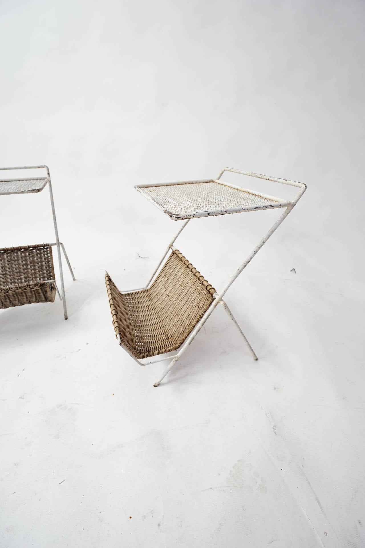 French Rare Pair of Mathieu Matégot Iron and Rattan Magazine Tables For Sale