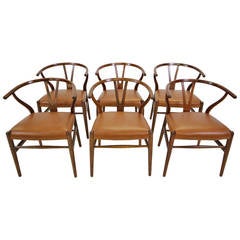 Original Set of Hans Wegner Oak Wishbone Dining Chairs with Leather