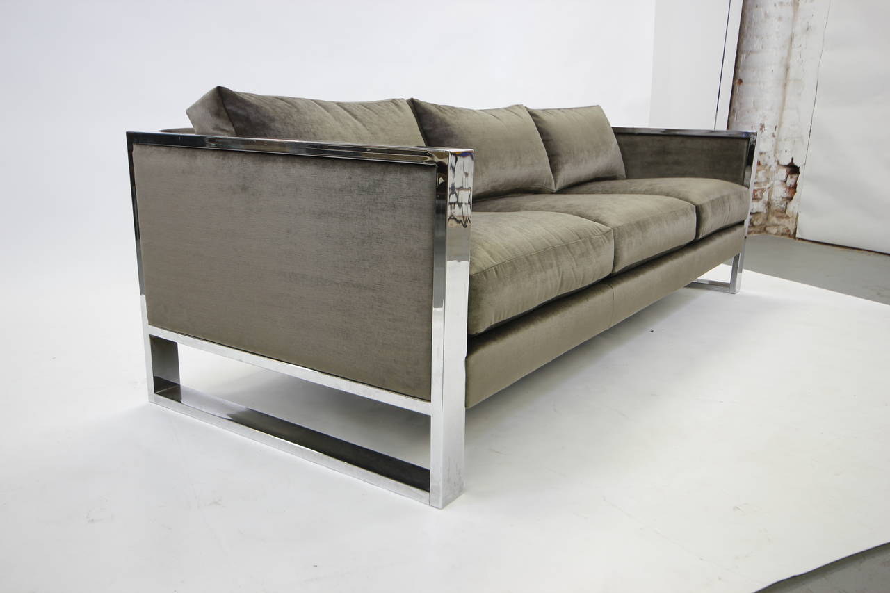 Mid-Century Modern Milo Baughman Chrome Flat Bar Sofa with Silver Grey Velvet