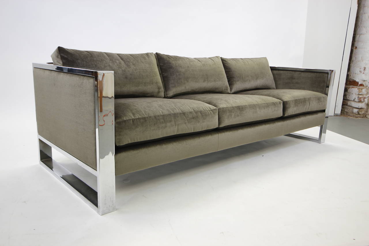 American Milo Baughman Chrome Flat Bar Sofa with Silver Grey Velvet