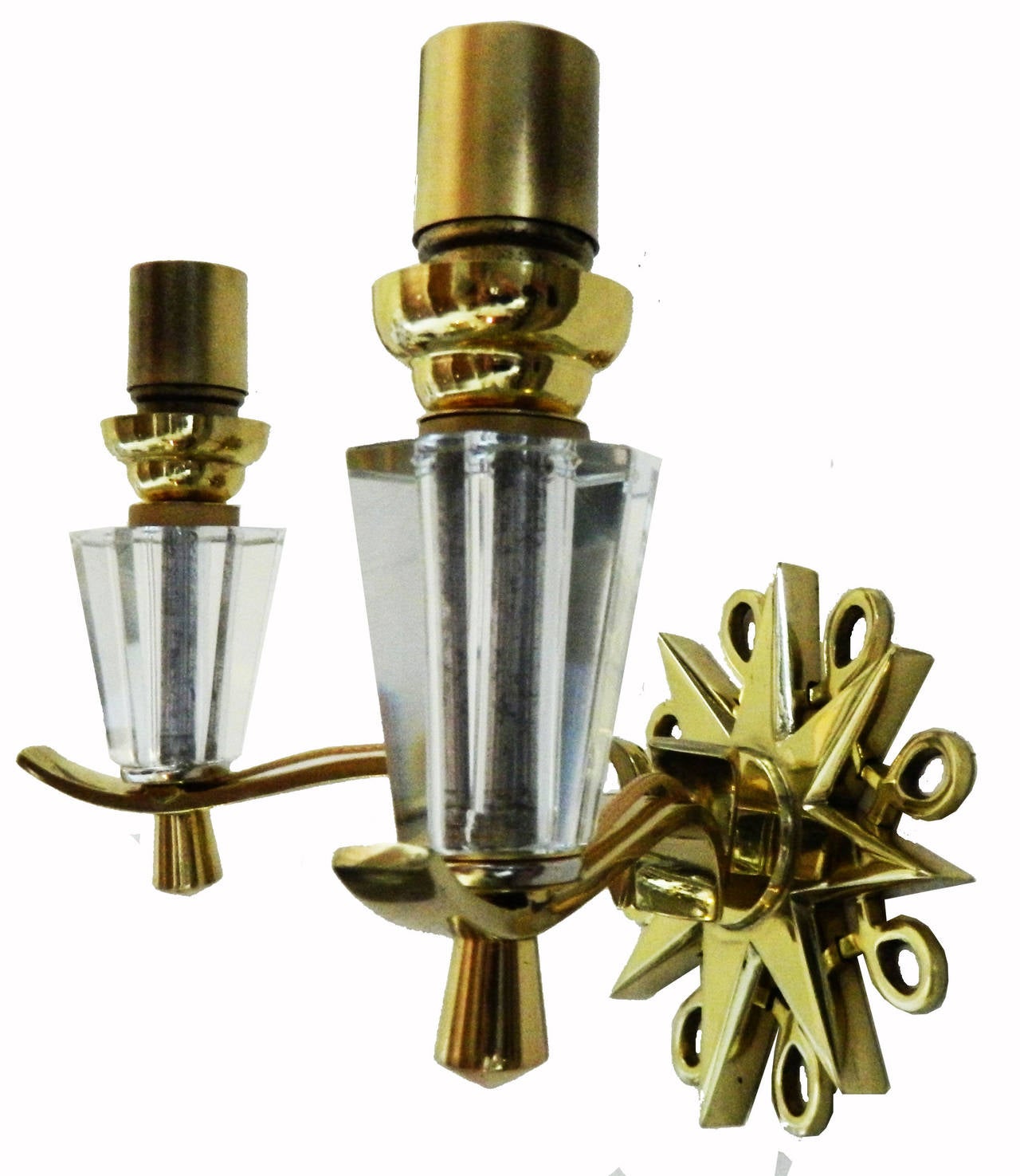 Beautiful circa 1940 bronze and brass and glass pair of French sconces.
Backplate: 5 diameter.
Shade: 8