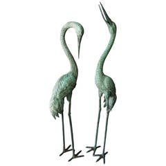 Two Hughes Patinated Brass Cranes