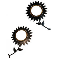 Pair of Signed Chaty Flower Sunburst Mirrors