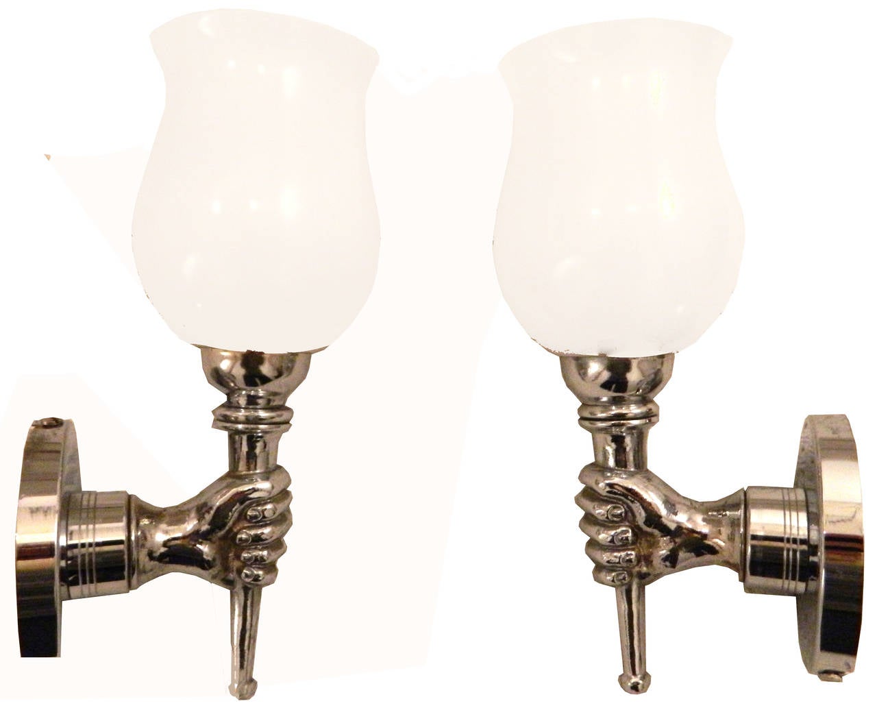 Very nice pair circa 1950s of nickel plated  sconces by Arbus. Original white opaline shades.
2 pair available, Price for one pair.
Back plates : 3.5