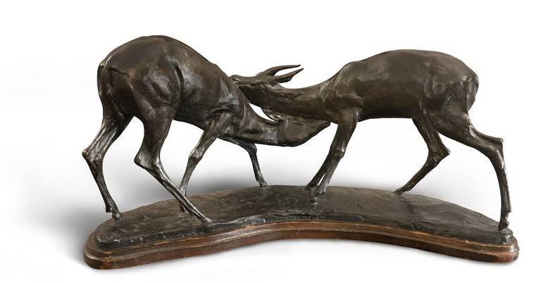 Original Work of Art. Artist’s signature on bronze base. The wooden base is  coeval of the bronze statue. Naturalistic representation of animals.