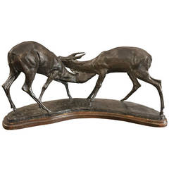 20th Century Bronze Antelopes Fighting