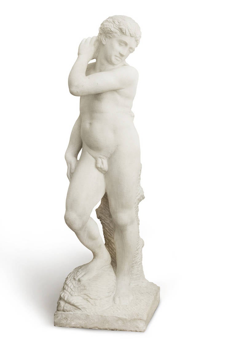 Reduced size replica from an original plaster model of Michelangelo’s lesser known David Apollo. The sculpture is marked “R. Romanelli – Firenze”.

The Apollo, Apollo-David, David-Apollo, or Apollino is a 1.46 m unfinished marble sculpture by