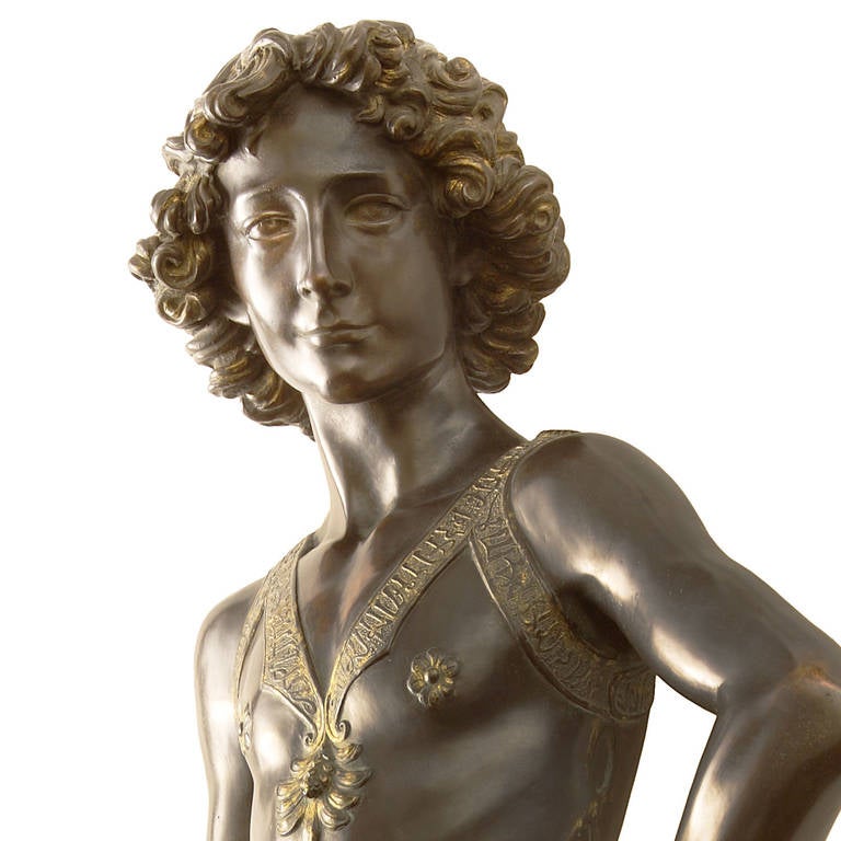 Bronze casting from original mould, limited edition series of eight plus four 'Foundry Proof.' This is number 4/8. Renowned Ferdinando Marinelli Artistic Foundry mark on the bronze base.
Gold flashes on details as the original at the Bargello
