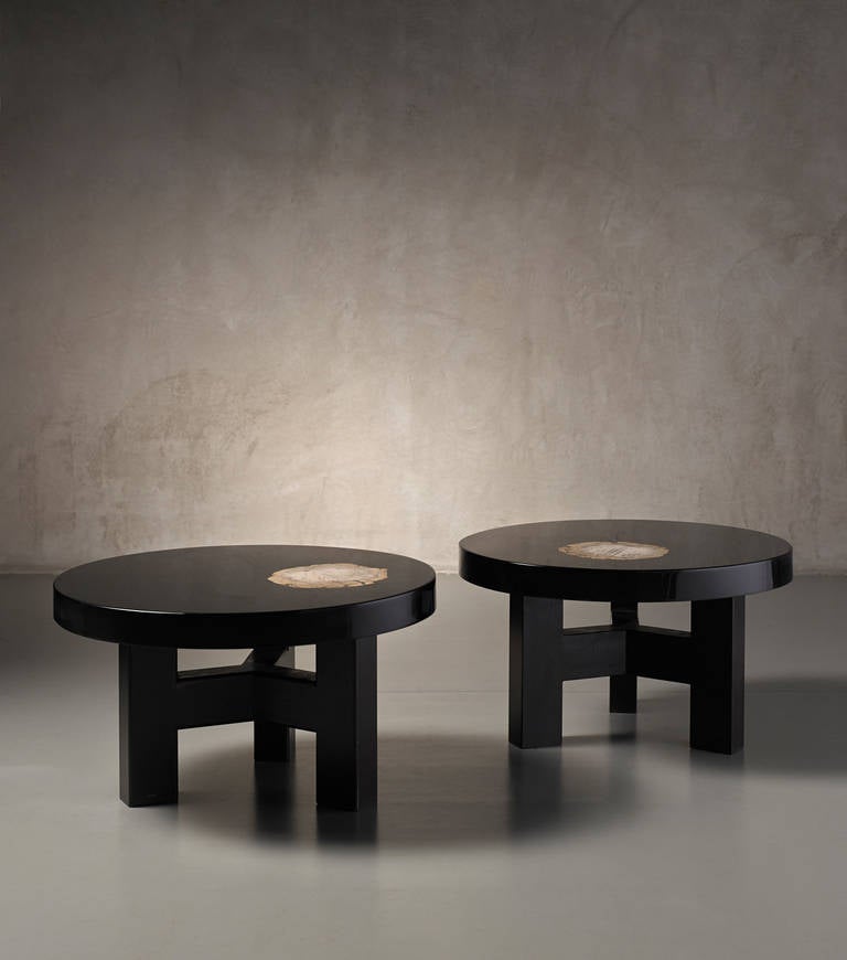 Black resin with fossil palm wood inlay and black laquered metal, signed
