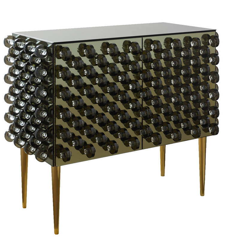 Unique pieces
fire signed R.G. Rida on the back 
maple wooden structure, solid brass legs and vintage (1950’s -1960’s) glass finishing; 
savannah-coloured crystal background, covered with 156 bronze-colored crystal rings, each of which are