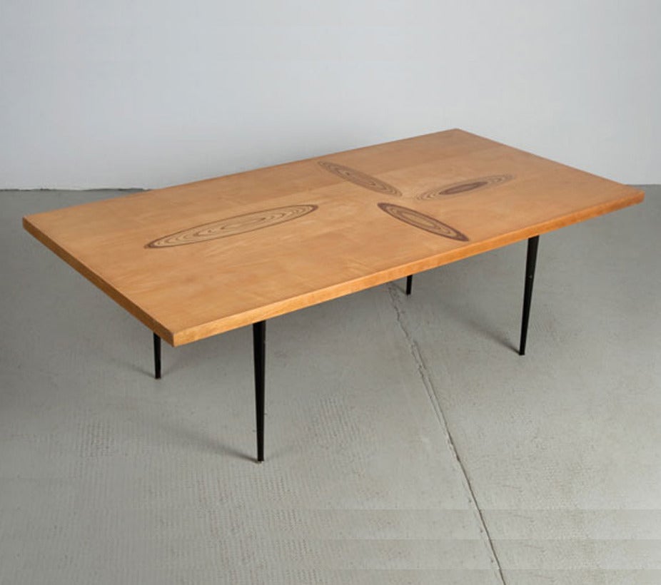 9017 low table by Tapio Wirkkala
Finland, 1960’s
made by Asko Oy
birch veneer, plywood inlaid 'eyes', metal base