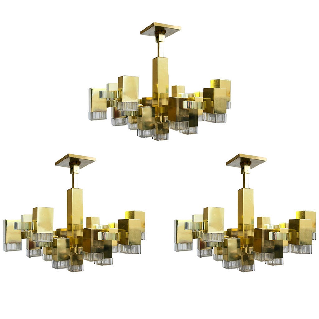 Midcentury Gold and Brass Sciolari Cube Burst Chandelier, 1960s