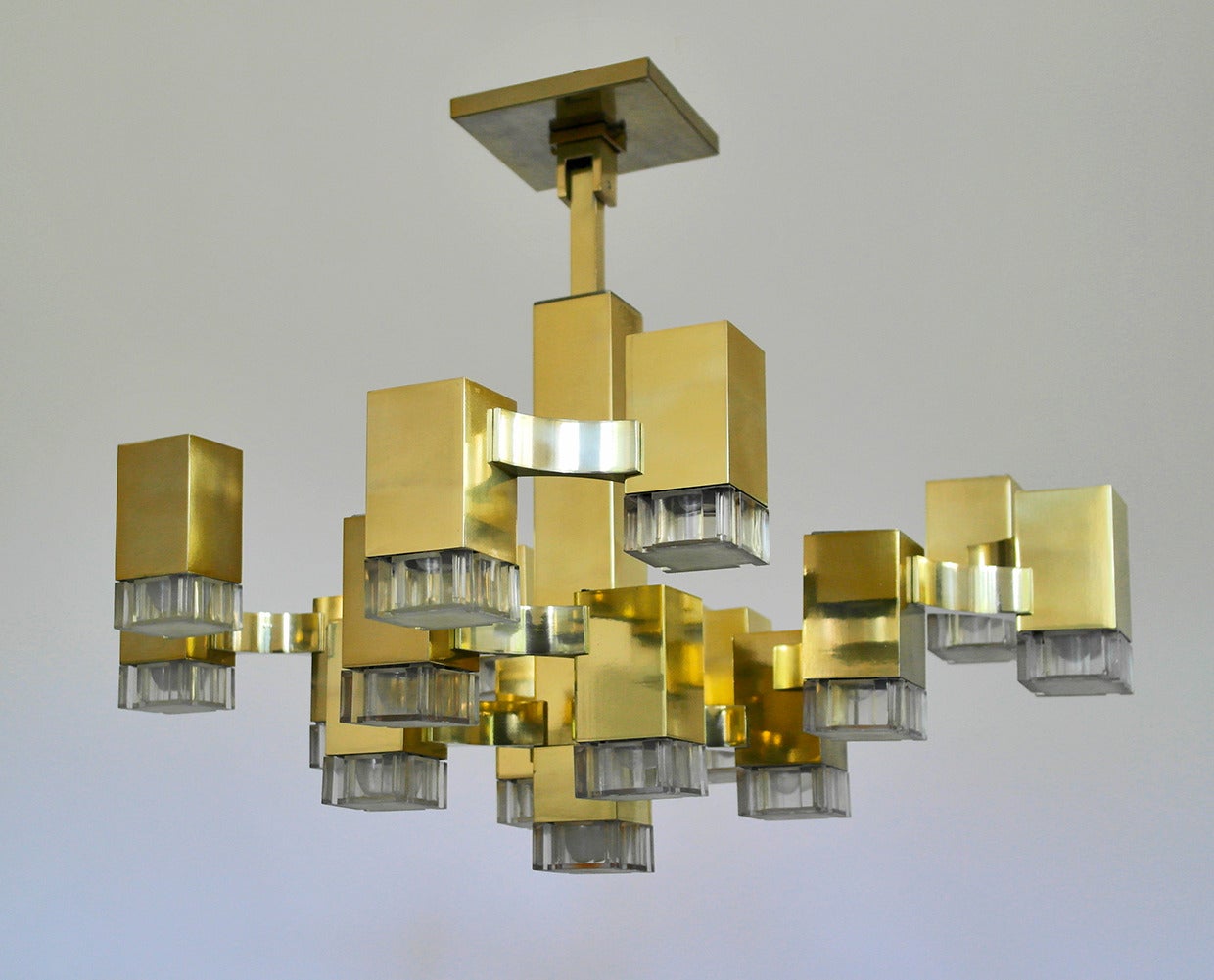 Brass and glass iconic cube design chandelier by Gaetano Sciolari - 3 pieces available.