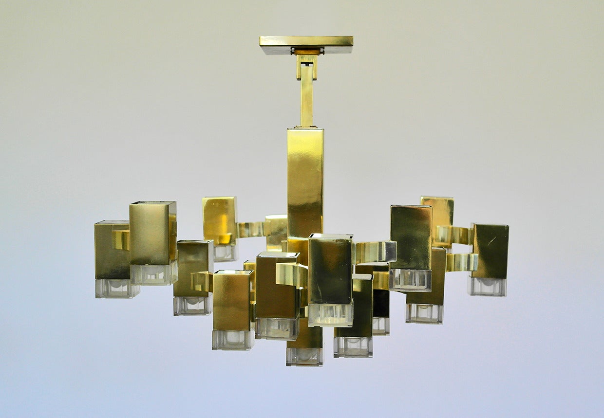 Italian Midcentury Gold and Brass Sciolari Cube Burst Chandelier, 1960s