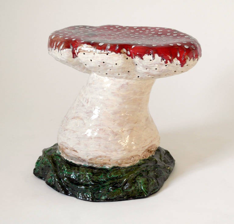 Hand painted pottery mushroom stool, inscribed with 'Bavent France Mayhew Madison New York'. Red and green glazed design toadstool or seat.