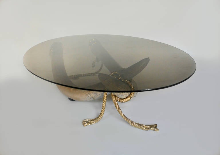 French Large Smoke Glass & Brass Tusk Base Coffee Table circa 1970s For Sale