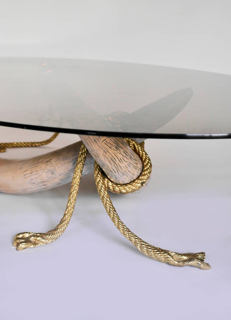 Large Smoke Glass & Brass Tusk Base Coffee Table circa 1970s In Good Condition For Sale In Oxfordshire, GB