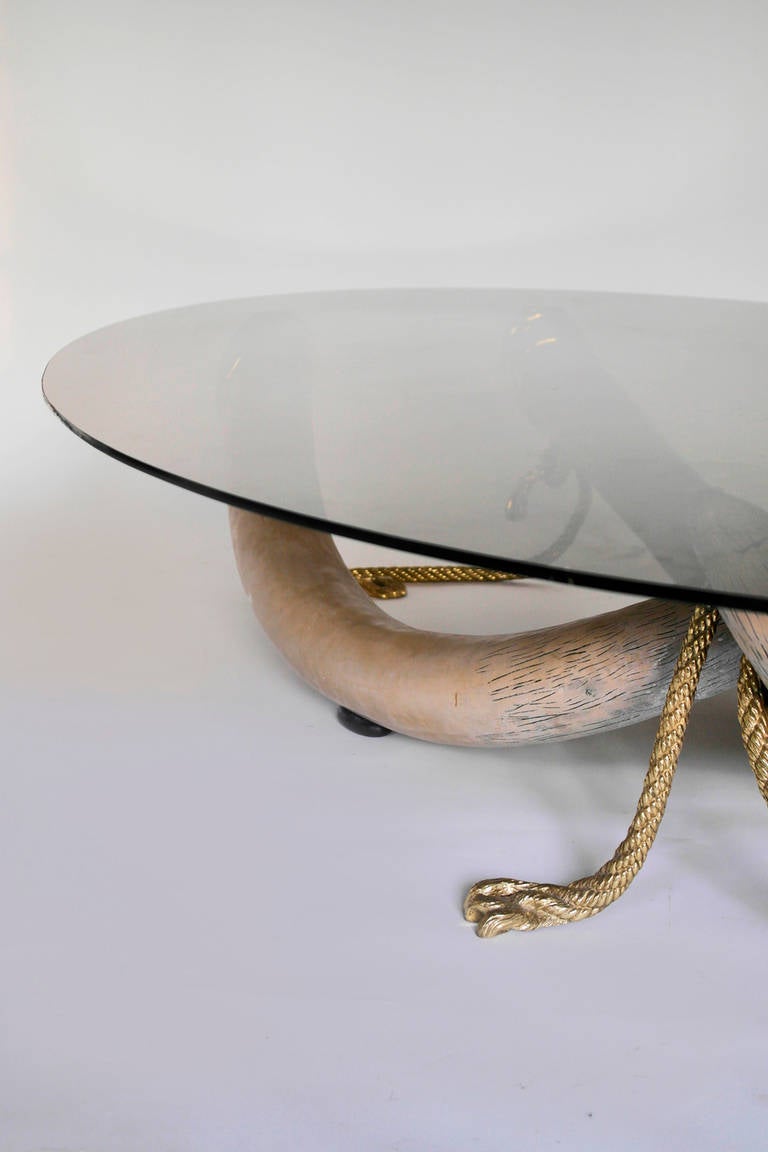 20th Century Large Smoke Glass & Brass Tusk Base Coffee Table circa 1970s For Sale