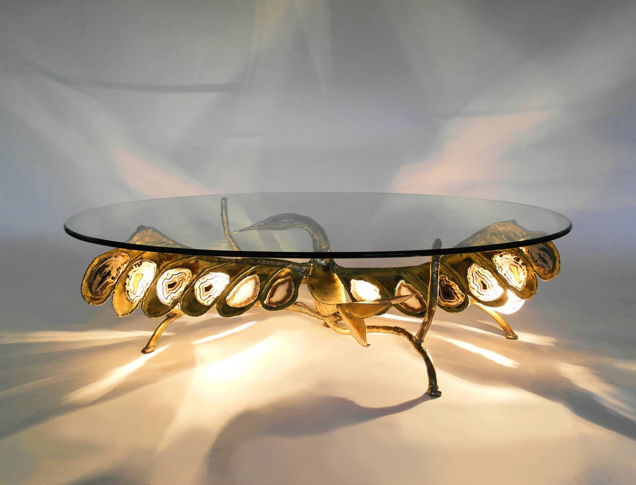 Duval Brasseur Era Illuminating Sculptural Bird Coffee Table in Agate and Brass