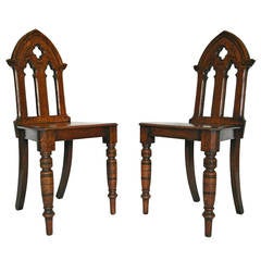 Antique Pair of English Victorian Gothic Style Oak Hall Chairs