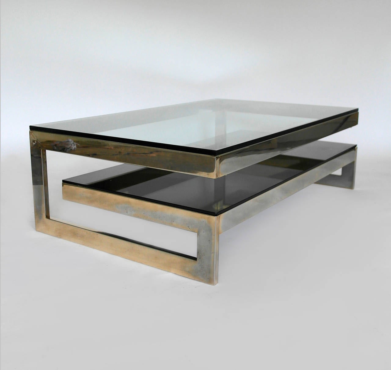 Belgian Cantilevered Gold & Smokey Glass G Coffee Table - Mid Century