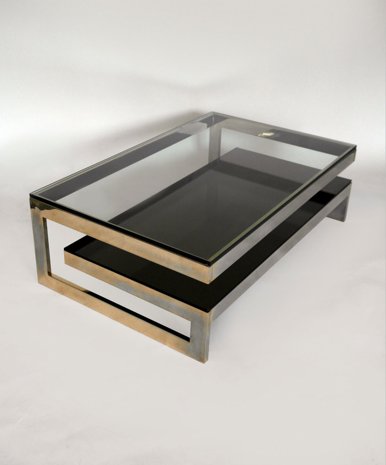 Cantilevered Gold & Smokey Glass G Coffee Table - Mid Century
